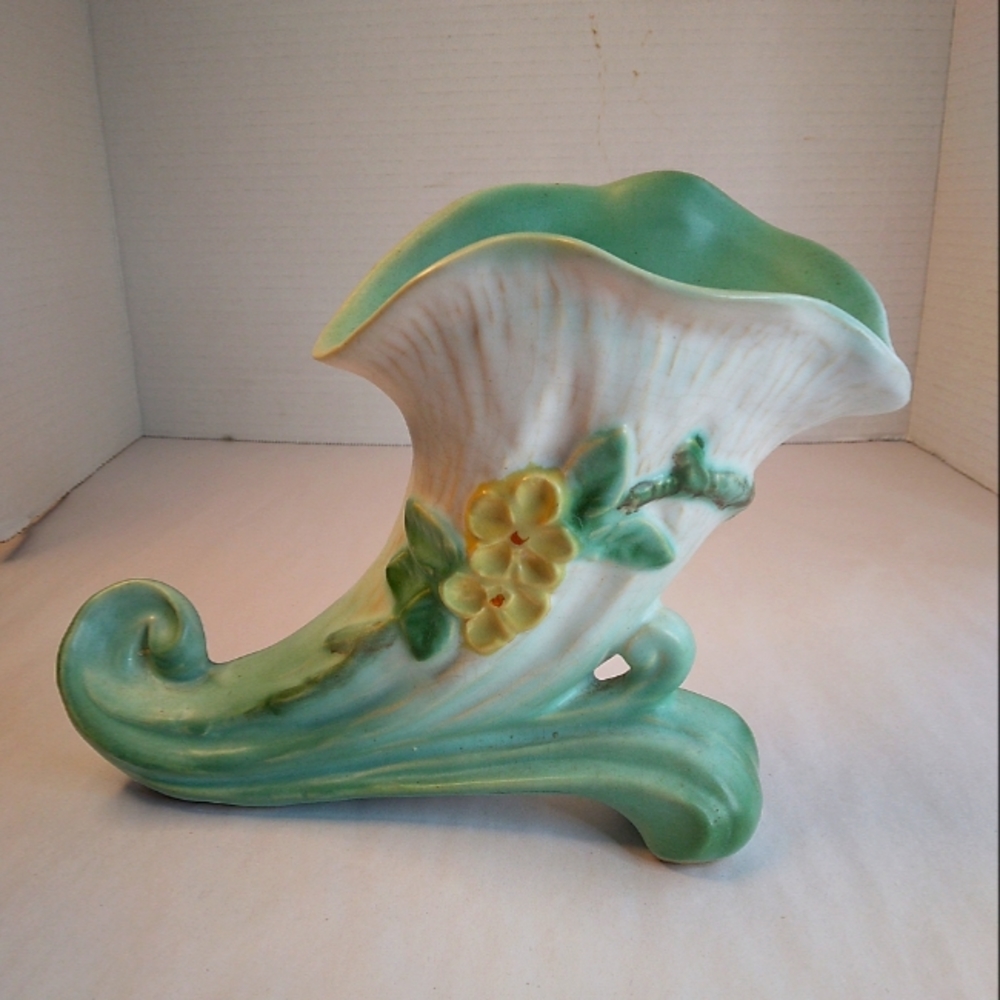 Vintage Weller Art Pottery Apple Blossom Green White Cornucopia 6" Signed 1940s